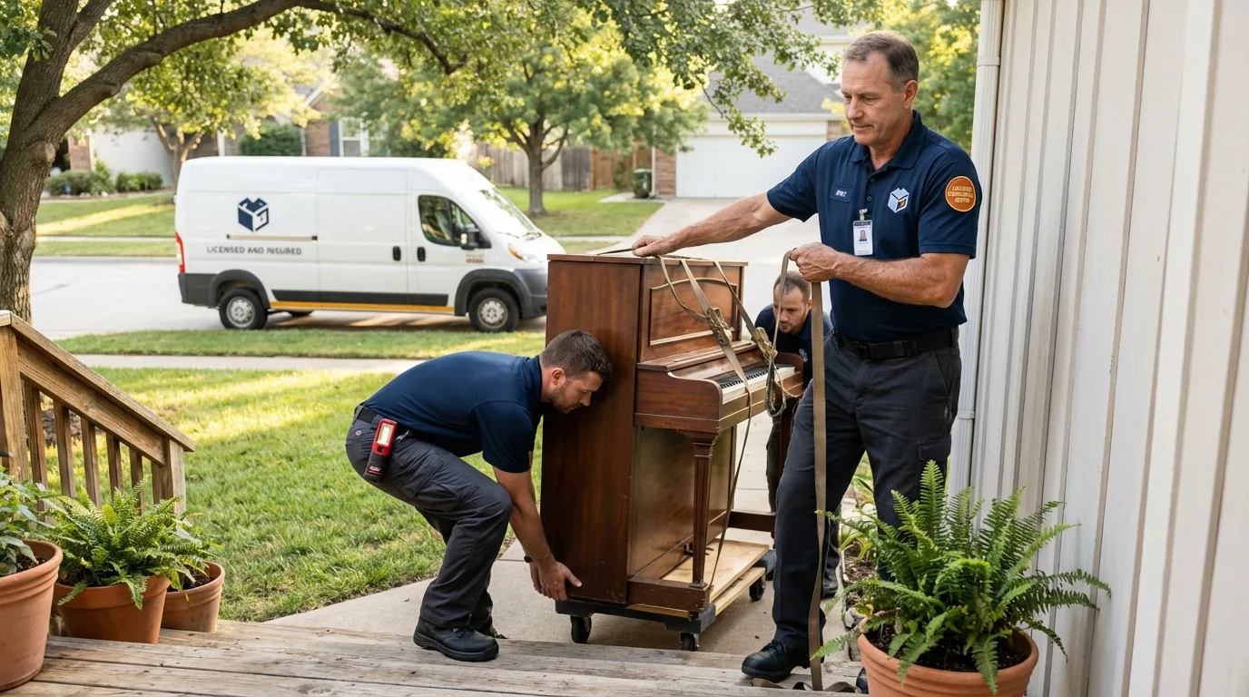 Licensed piano movers securing grand piano in Dumont, NJ