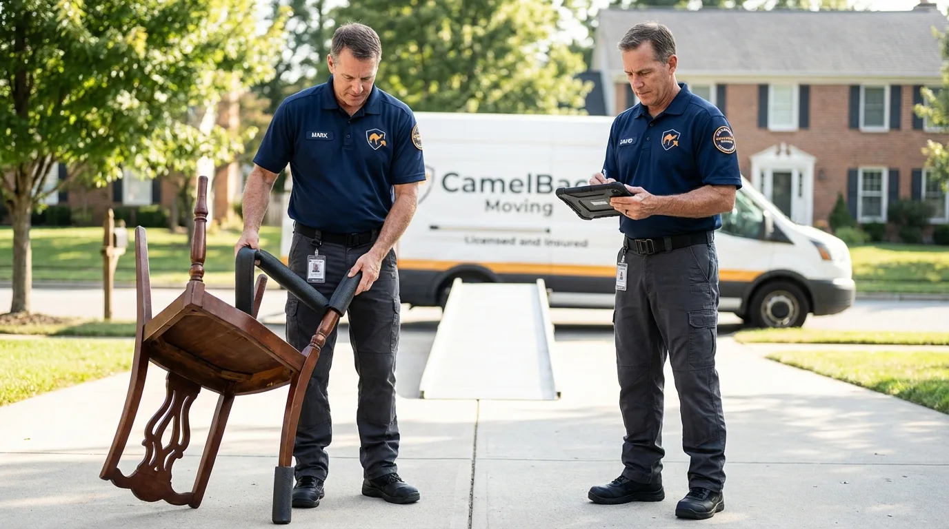 Movers inspecting furniture for damage prevention before loading in Dumont, NJ