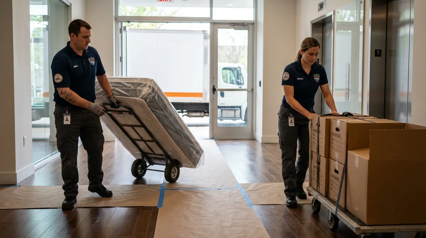 Professional apartment movers loading elevator in Dumont, NJ