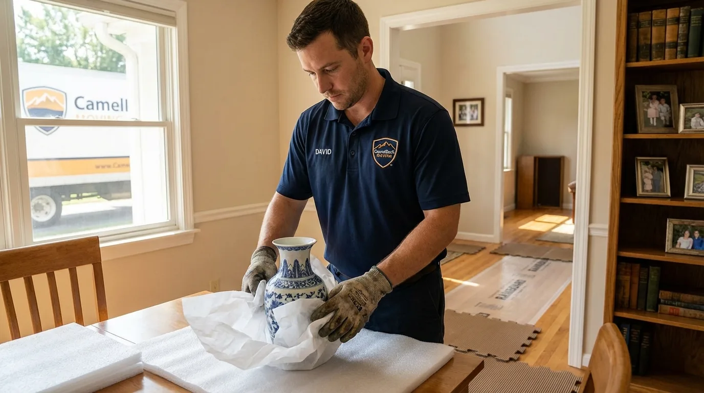 Professional crew carefully wrapping antique vase for senior downsizing move in Dumont, NJ